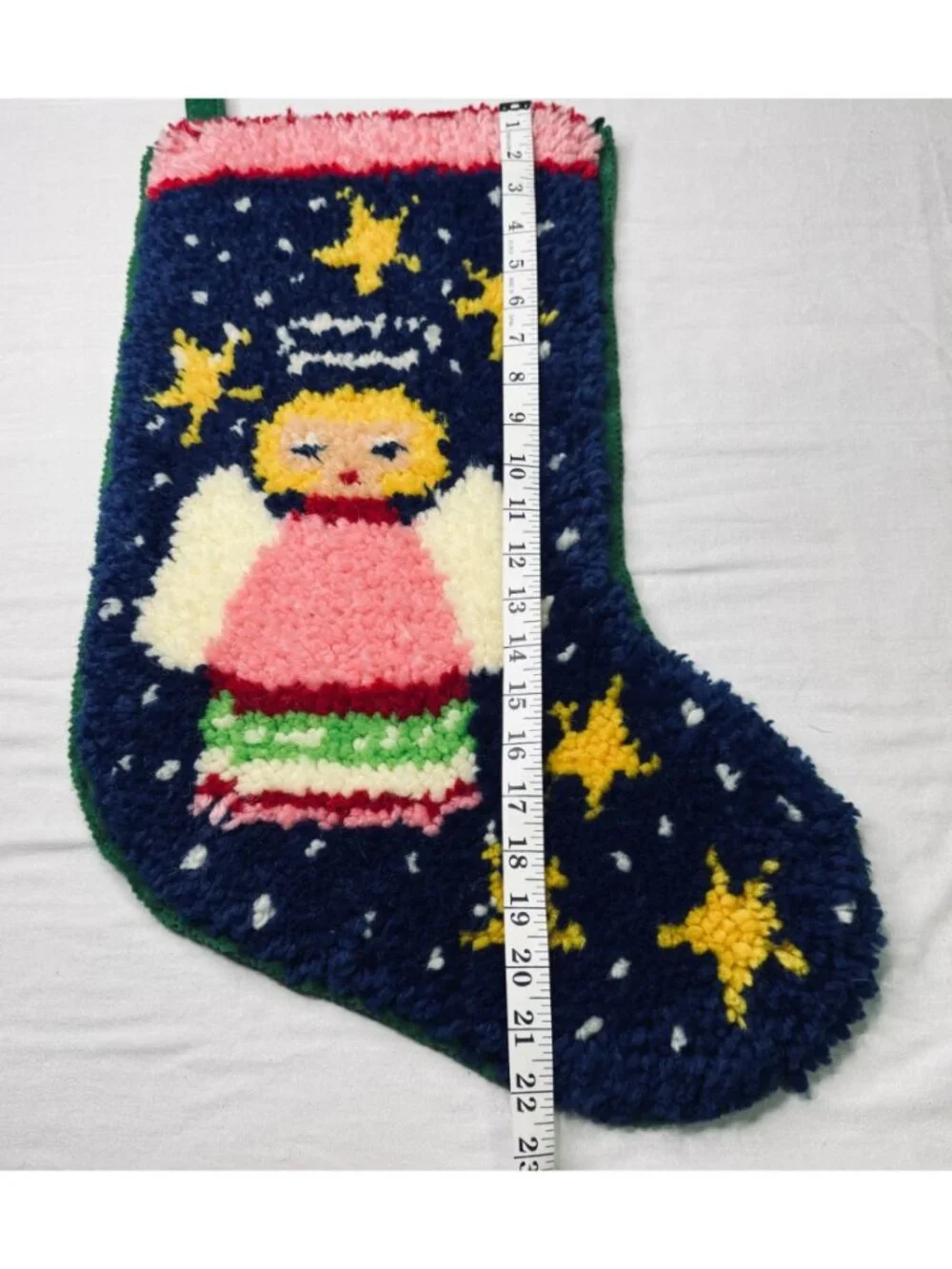 Vintage Latch Hook Angel Christmas Stocking Handmade Blue